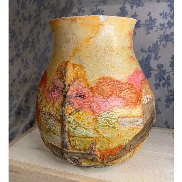 Beautifully Painted Orange Yellow Pink Vase with Cutouts - Picture 2 of 10